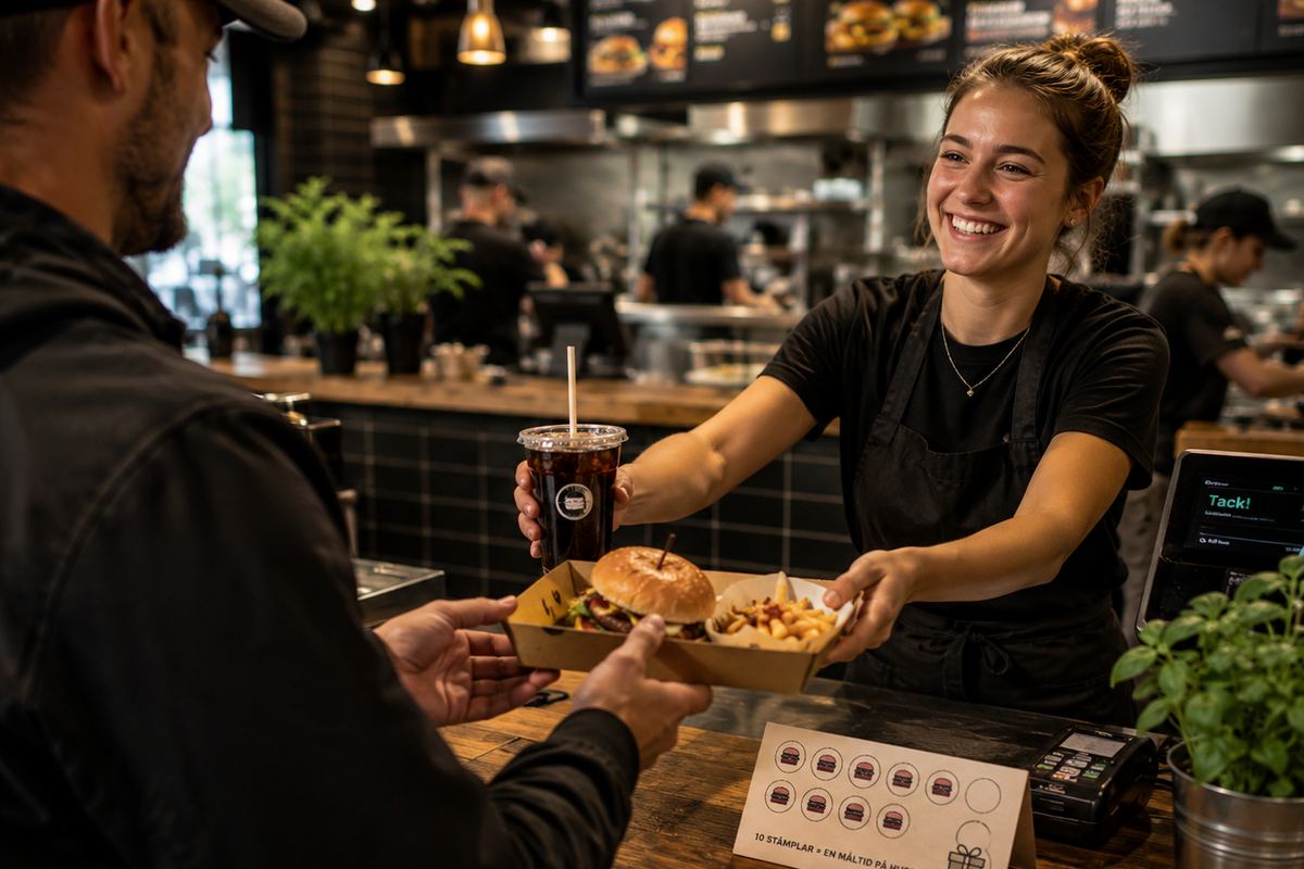 Gäst tar emot sin beställning över disken på en restaurang, med digitala menytavlor och öppet kök i bakgrunden.